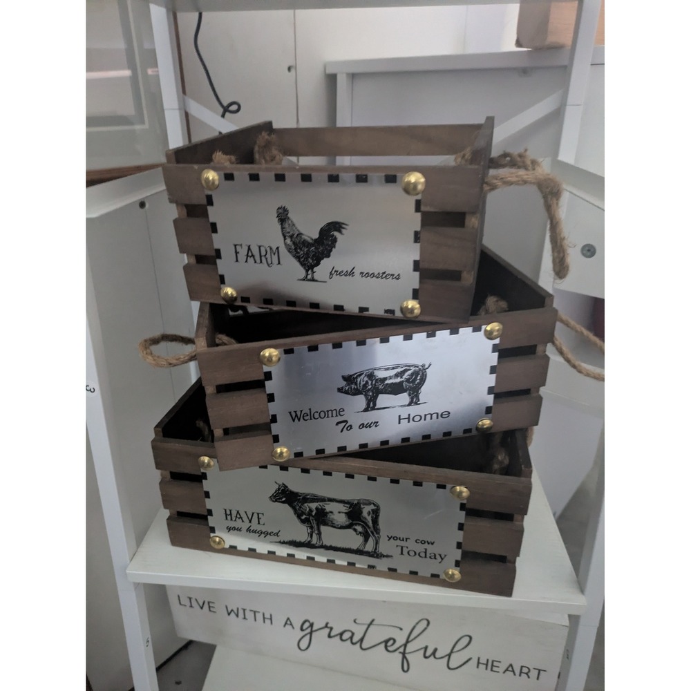 Rustic Farmhouse Wooden Nesting Crates Set of 3 Farm Animal Signs Rope Handles